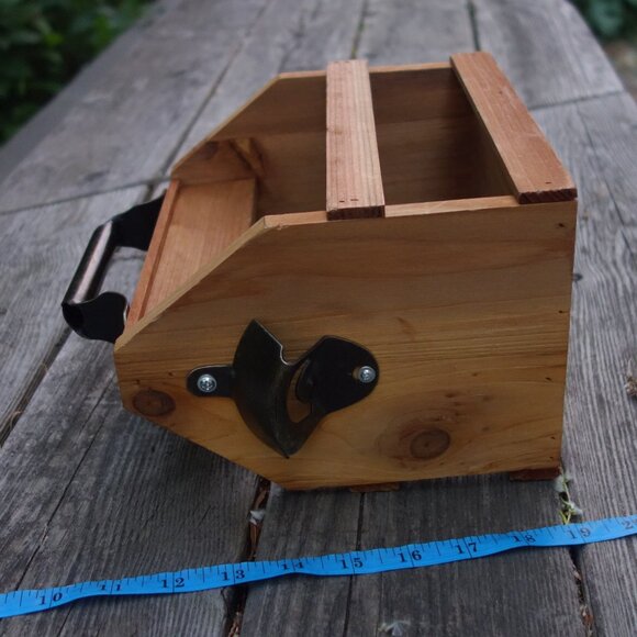 Wood Bottle Caddy with Metal Carrying Handle and Mounted Metal Bottle Opener - Picture 9 of 16